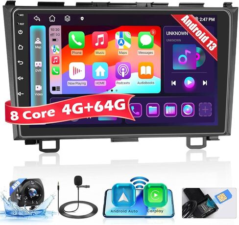 Hikity 8 Core 4+64GB Carplay Radio for Honda CRV 2007-2011 Android Car Stereo مع Carplay Wireless Android Auto Support SIM Card، 9 بوصة تعمل باللمس GPS Bluetooth AM/FM/RDS EQ DSP كاميرا احتياطية MIC in Saudi Arabia
