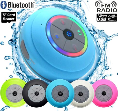 مكبر صوت بلوتوث LED مقاوم للماء من Guppy وراديو FM وقارئ بطاقة TF، موديل 2016 مناسب للأطفال، أزرار تحكم مدمجة، مكبر صوت، كوب شفط قوي أفضل للاستخدام الداخلي والخارجي (أزرق) in Kuwait
