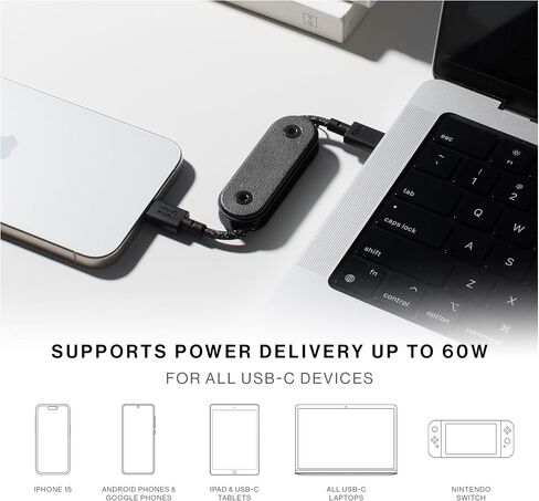 كابل Native Union Pocket 60W - كابل شحن محمول USB-C إلى USB-C معزز - متوافق مع iPhone 15، 15 Pro، 15 Pro Max، iPad Pro، iPad Air، Galaxy S24، Flip 5، Fold 5 (أسود) in Kuwait
