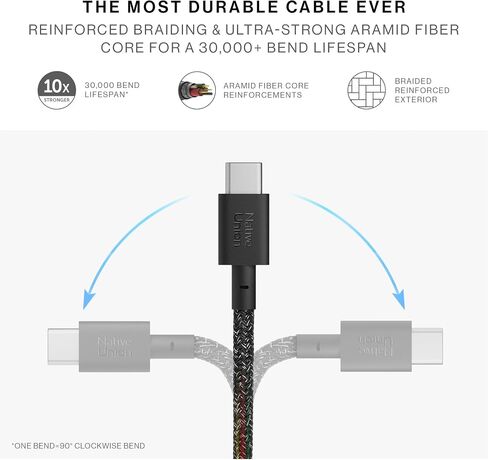 كابل Native Union Pocket 60W - كابل شحن محمول USB-C إلى USB-C معزز - متوافق مع iPhone 15، 15 Pro، 15 Pro Max، iPad Pro، iPad Air، Galaxy S24، Flip 5، Fold 5 (أسود) in Kuwait