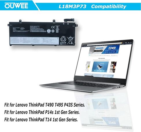 L18M3P73 L18M3P74 Laptop Battery Compatible with Lenovo ThinkPad T490 T495 P43S Series L18L3P73 SB10K97645 02DL007 L18M4P73 SB10K97646 L18C3P72 L18M4P74 L18C3P71 SB10K97648 11.52V 51Wh 4345mAh in Saudi Arabia