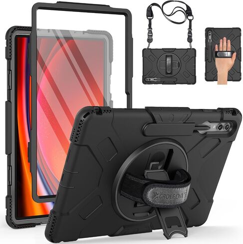 حافظة Galaxy Tab S9 Ultra مقاس 14.6 بوصة: حافظة حماية متينة ثلاثية الطبقات مقاومة للصدمات لجهاز Tab S8 Ultra مع حامل أقلام - حزام كتف قابل للتعديل - مقبض دوار 360 درجة ومسند - أسود in Kuwait