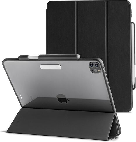 حافظة TineeOwl Mocha iPad Pro مقاس 12.9 بوصة 2022، 2021، 2020، 2018 (الجيل السادس، الخامس، الرابع، الثالث) حافظة شفافة نحيفة للغاية مع حامل قلم رصاص + غطاء حامل ثلاثي الطي، خفيف الوزن (أسود بلوري/ظهر شفاف) in Kuwait