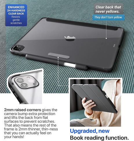 حافظة TineeOwl Mocha iPad Pro مقاس 12.9 بوصة 2022، 2021، 2020، 2018 (الجيل السادس، الخامس، الرابع، الثالث) حافظة شفافة نحيفة للغاية مع حامل قلم رصاص + غطاء حامل ثلاثي الطي، خفيف الوزن (أسود بلوري/ظهر شفاف) in Kuwait