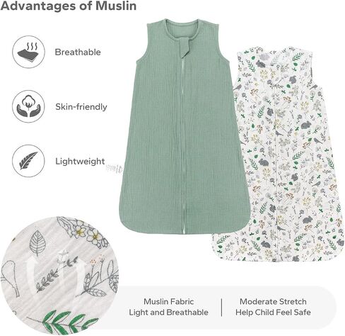 SIMYJOY Muslin Sleep Sack 6-12 Months, 0.5 Tog Sleep Sack Baby Wearable Blanket, Breathable Sleep Sacks 2 Pack, Garden Bunny White Green in Saudi Arabia