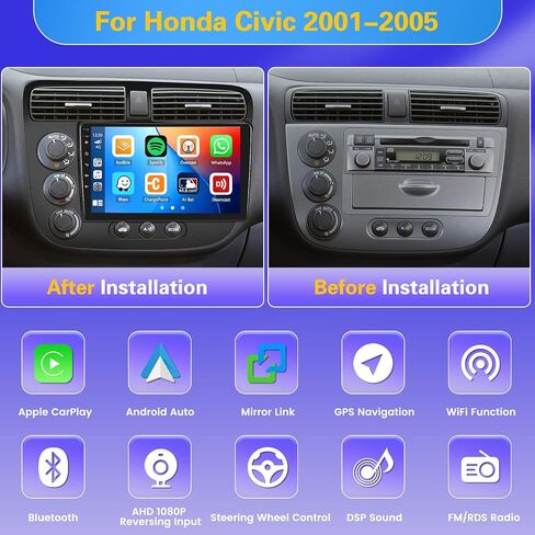 8 Core 4+64GB for Honda Civic 2001-2005 Android 13 Radio with Wireless Carplay Android Auto, 9'' Touch Screen Car Stereo GPS WiFi, Bluetooth SWC Mic Backup Camera Mirror Link in Saudi Arabia