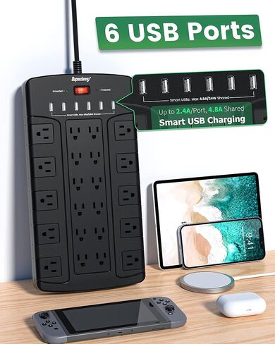 قطاع الطاقة الواقي من زيادة التيار، سلك تمديد قابس مسطح SUPERDANNY بطول 6.5 قدم مع 22 منفذًا متعددًا و6 منافذ USB، شريط طاقة كبير شديد التحمل 15 أمبير/1875 وات للمنزل والمكتب والشاطئ وغرفة الألعاب، أسود in Kuwait