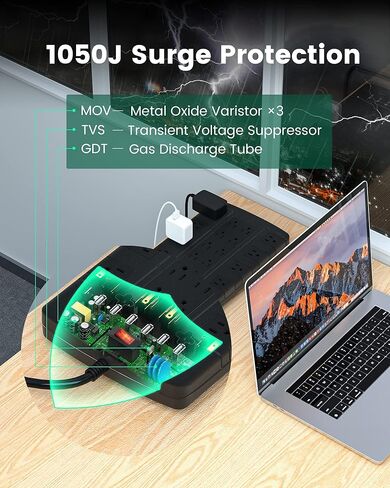 قطاع الطاقة الواقي من زيادة التيار، سلك تمديد قابس مسطح SUPERDANNY بطول 6.5 قدم مع 22 منفذًا متعددًا و6 منافذ USB، شريط طاقة كبير شديد التحمل 15 أمبير/1875 وات للمنزل والمكتب والشاطئ وغرفة الألعاب، أسود in Kuwait