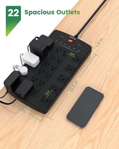 قطاع الطاقة الواقي من زيادة التيار، سلك تمديد قابس مسطح SUPERDANNY بطول 6.5 قدم مع 22 منفذًا متعددًا و6 منافذ USB، شريط طاقة كبير شديد التحمل 15 أمبير/1875 وات للمنزل والمكتب والشاطئ وغرفة الألعاب، أسود in Kuwait