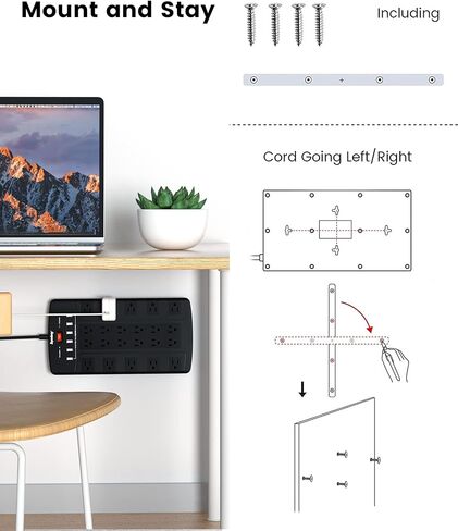 قطاع الطاقة الواقي من زيادة التيار، سلك تمديد قابس مسطح SUPERDANNY بطول 6.5 قدم مع 22 منفذًا متعددًا و6 منافذ USB، شريط طاقة كبير شديد التحمل 15 أمبير/1875 وات للمنزل والمكتب والشاطئ وغرفة الألعاب، أسود in Kuwait