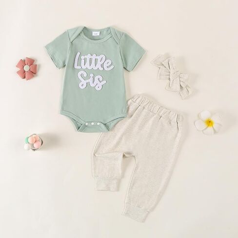 Ayalinggo Newborn Baby Girl Clothes Little Sister Romper Lil Sis Short Sleeve Tshirt Pants Headband Summer Infant Clothes in Saudi Arabia