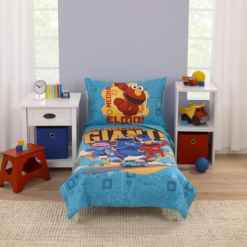 طقم سرير أطفال مكون من 4 قطع من NOJO Sesame Street Mecha Builders باللون الأزرق والأحمر والذهبي، مع كوكي مونستر وإلمو وآبي - لحاف، وملاءة سفلية جاهزة، وملاءة علوية مسطحة، وغطاء وسادة قابل للعكس in Saudi Arabia
