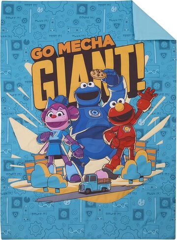 طقم سرير أطفال مكون من 4 قطع من NOJO Sesame Street Mecha Builders باللون الأزرق والأحمر والذهبي، مع كوكي مونستر وإلمو وآبي - لحاف، وملاءة سفلية جاهزة، وملاءة علوية مسطحة، وغطاء وسادة قابل للعكس in Saudi Arabia
