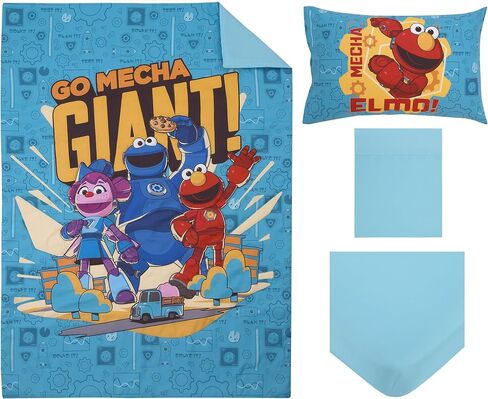 طقم سرير أطفال مكون من 4 قطع من NOJO Sesame Street Mecha Builders باللون الأزرق والأحمر والذهبي، مع كوكي مونستر وإلمو وآبي - لحاف، وملاءة سفلية جاهزة، وملاءة علوية مسطحة، وغطاء وسادة قابل للعكس in Saudi Arabia