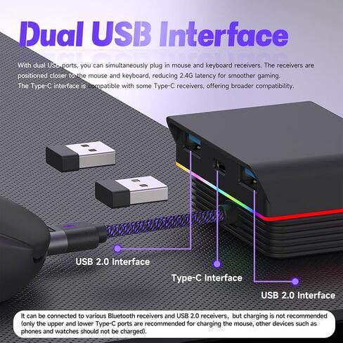 قاعدة شحن مغناطيسية للماوس موشو مع منفذ USB مزدوج + واجهة من النوع C متوافقة مع نماذج ماوس متعددة، قاعدة شحن RGB، مفتاح واحد لتبديل الضوء، قاعدة شحن مغناطيسية ثابتة in Kuwait