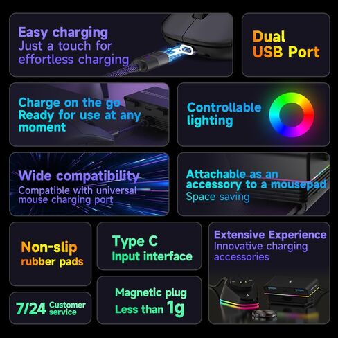 قاعدة شحن مغناطيسية للماوس موشو مع منفذ USB مزدوج + واجهة من النوع C متوافقة مع نماذج ماوس متعددة، قاعدة شحن RGB، مفتاح واحد لتبديل الضوء، قاعدة شحن مغناطيسية ثابتة in Kuwait