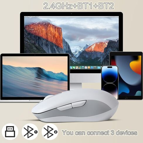 elec Space Wireless Mouse, Dual Mode Wireless Mouse, Type-C Rechargeable Bluetooth Mouse, 2.4G Wireless Computer Mouse with USB Receiver, DPI 800-1200-1600,3 Device Connection-White in Saudi Arabia