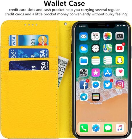 iCoverCase for iPhone Xs Max Wallet Case with Credit Card Holder and Wrist Strap, RFID Blocking Genuine Leather Flip Folio Magnetic Cell Phone Cover Case for iPhone Xs Max 6.5 Inch (Yellow) in Saudi Arabia