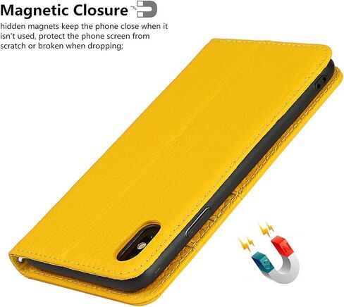 iCoverCase for iPhone Xs Max Wallet Case with Credit Card Holder and Wrist Strap, RFID Blocking Genuine Leather Flip Folio Magnetic Cell Phone Cover Case for iPhone Xs Max 6.5 Inch (Yellow) in Saudi Arabia