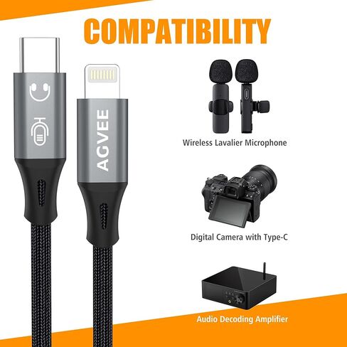 AGVEE 1.5ft USB-C to Lightning OTG DAC Adapter Cable Converter Cord for iPhone iOS Device, Wireless Lavalier Digital Microphone, Type-C Headphone Amps Amplifier, Dark Gray in Saudi Arabia