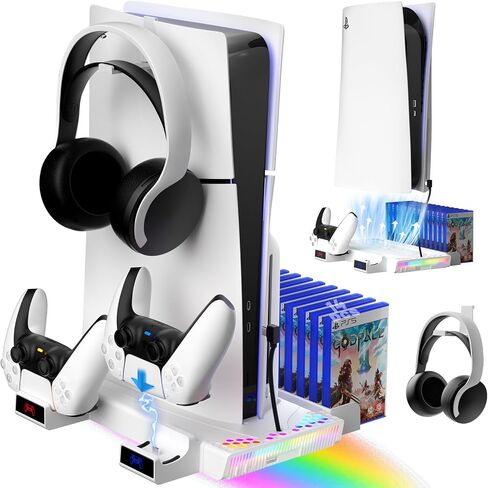 محطة تبريد نحيفة PS5/PS5 مع ضوء RGB، حامل وحدة تحكم PS5 محطة شحن نحيفة PS5 مع مروحة تبريد، قاعدة شحن وحدة تحكم Playstation 5 متوافقة مع قرص PS5 وPS5 النحيف والرقمي in Saudi Arabia