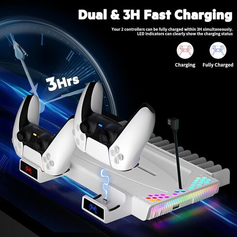 محطة تبريد نحيفة PS5/PS5 مع ضوء RGB، حامل وحدة تحكم PS5 محطة شحن نحيفة PS5 مع مروحة تبريد، قاعدة شحن وحدة تحكم Playstation 5 متوافقة مع قرص PS5 وPS5 النحيف والرقمي in Saudi Arabia