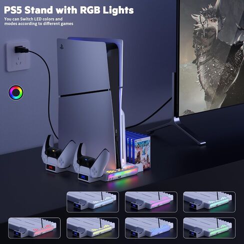 محطة تبريد نحيفة PS5/PS5 مع ضوء RGB، حامل وحدة تحكم PS5 محطة شحن نحيفة PS5 مع مروحة تبريد، قاعدة شحن وحدة تحكم Playstation 5 متوافقة مع قرص PS5 وPS5 النحيف والرقمي in Saudi Arabia