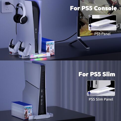 محطة تبريد نحيفة PS5/PS5 مع ضوء RGB، حامل وحدة تحكم PS5 محطة شحن نحيفة PS5 مع مروحة تبريد، قاعدة شحن وحدة تحكم Playstation 5 متوافقة مع قرص PS5 وPS5 النحيف والرقمي in Saudi Arabia