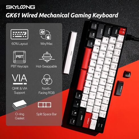 لوحة مفاتيح ميكانيكية سلكية SKYLOONG GK61 PRO بنسبة 60%، قابلة للبرمجة QMK/VIA، حشية دائرية، لوحة مفاتيح مخصصة قابلة للتبديل السريع مع شريط مسافة منفصل، إضاءة خلفية RGB، غطاء مفاتيح PBT لـ Win/Mac (مفتاح KTT باللون الأزرق الوردي) in Kuwait