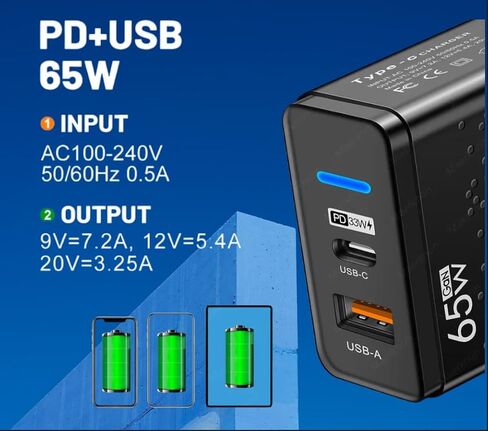 Fast Charging 65W GaN USB A 3.0 and PD Type C Port Wall Charger Power Adapter Block Compatible with iPhone, Samsung, and Andriod Devices - UK in Saudi Arabia