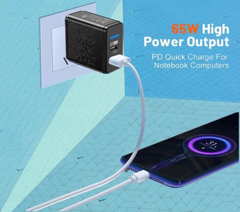 Fast Charging 65W GaN USB A 3.0 and PD Type C Port Wall Charger Power Adapter Block Compatible with iPhone, Samsung, and Andriod Devices - UK in Saudi Arabia