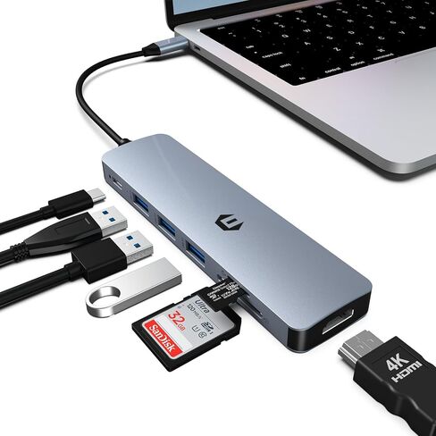 موزع USB C 7 في 1، مقسم USB C محول USB 3.0، يدعم مخرج HDMI 4K، 100 وات PD، 3 * USB 3.0، قارئ بطاقة TF، متوافق مع أجهزة الكمبيوتر المحمول وSurface Pro 8 وأجهزة أخرى من النوع C in Kuwait