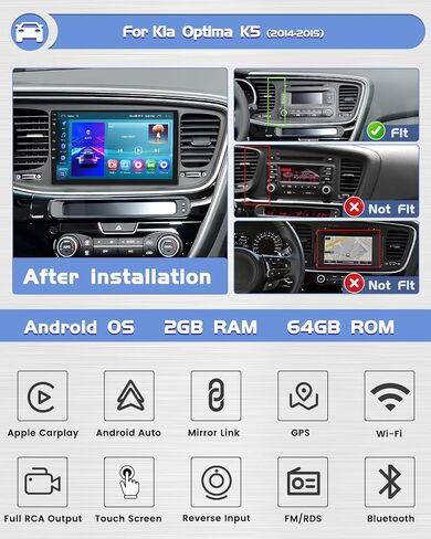 Roinvou 2+64G Android CarPlay Stereo for Kia Optima K5 2014-2015، مشغل CarPlay لاسلكي مدمج مع Android Auto، شاشة تعمل باللمس مقاس 9 بوصات داخل لوحة القيادة GPS ودعم مرآة Link BT RDS AHD WiFi DSP in Saudi Arabia