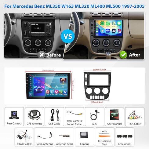 ستيريو راديو السيارة لمرسيدس بنز ML350 W163 ML320 ML400 ML500 1997-2005 Rimoody 9 بوصة Android 13 2G 64G شاشة لمس CarPlay Android Auto Mirror Link Bluetooth FM/RDS GPS WiFi EQ SWC كاميرا احتياطية in Saudi Arabia