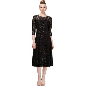 S.L. Fashions Women's Midi Length Sequin Fit and Flare Dress (Missy Petite), Lace Black, 16P
