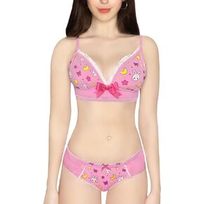 Littleforbig Lacy Trim Women Nightwear Strap Sleepwear Cami Top Shorts Lingerie loungewear - Usagi Moon Fancy Bralette Set