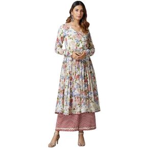 مجموعة كورتا بالازو للنساء بأكمام طويلة ورقبة على شكل حرف V ملابس عرقية هندية مطبوعة كورتي هندية عرقية عاجية كستنائي in Kuwait