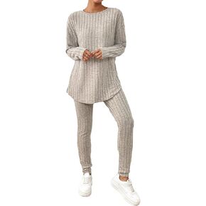 WDIRARA Women's 2 Piece Sleepwear Round Neck Long Sleeve Ribbed Knit Tee and Skinny Leggings Pajama Set