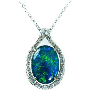 Australian Fire Opal Necklace - 18x13mm Genuine Australian Triplets Opal Necklace Pendant White Gold Plated on Sterling Silver Women's Jewelry