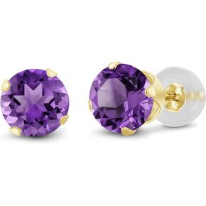 Gem Stone King 14K Yellow Gold Purple Amethyst Stud Earrings (0.90 Cttw, Gemstone Birthstone, Round 5MM)