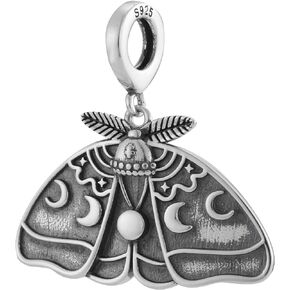 Moth Gothic Witchy Celestial Lunar Moon Stars 925 Sterling Silver Charm Bead For Pandora & Similar Charm Bracelets or Necklaces