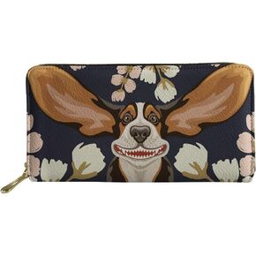 JEOCODY Basset Hound Dog Flower Long Wallet Cute Animal Floral Zippered PU Leather Purse Traveling Pouch Gift for Women