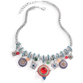 Bohemian Multicolor Round Pendants Enamel Rhinestone Ethnic Necklace for Women