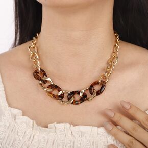 Jumwrit Punk Acrylic Chunky Chain Necklace Gold Cuban Link Chain Necklace Adjustable Lightweight Leopard Print Necklace for Women Girls