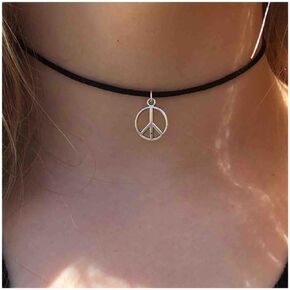 Bohemian Peace Pendant Necklace Black Leather Choker Necklace Peace Sign Symbol Necklace Vintage Circle of Peace Necklace Choker Hippie Necklace Jewelry for Women and Girls
