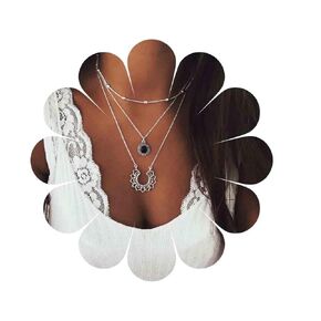 Boho Layered Lotus Flower Choker Necklace Vintage Round Black Gemstone Necklace Black Gem Pendant Necklace Ethnic Hollow Out Flower Necklace Silver Lotus Yoga Necklace Jewelry for