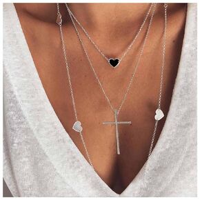 Bohemian Layered Cross Pendant Necklace Black Heart Necklace Chain Love Heart Choker Necklace Silver Religion Necklace Chain Jewelry for Women and Girls Gifts