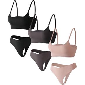 MakeMeChic Women's 3 Pack Solid Adjustable Strap Wireless Bra and Mid Rise Thongs Lingerie Sets in Saudi Arabia