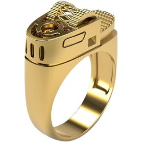Vintage 14k Gold Plate Lighter Ring 925 Sterling Silver Unique Design Mechanical Gear Finger Ring Punk Retro Unique Cool Men Women Dad Mom Jewelry (Gold-10)