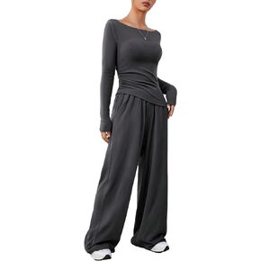 Floerns Women's 2 Piece Outfit Solid Scoop Neck Long Sleeve Tee with Pants Set
